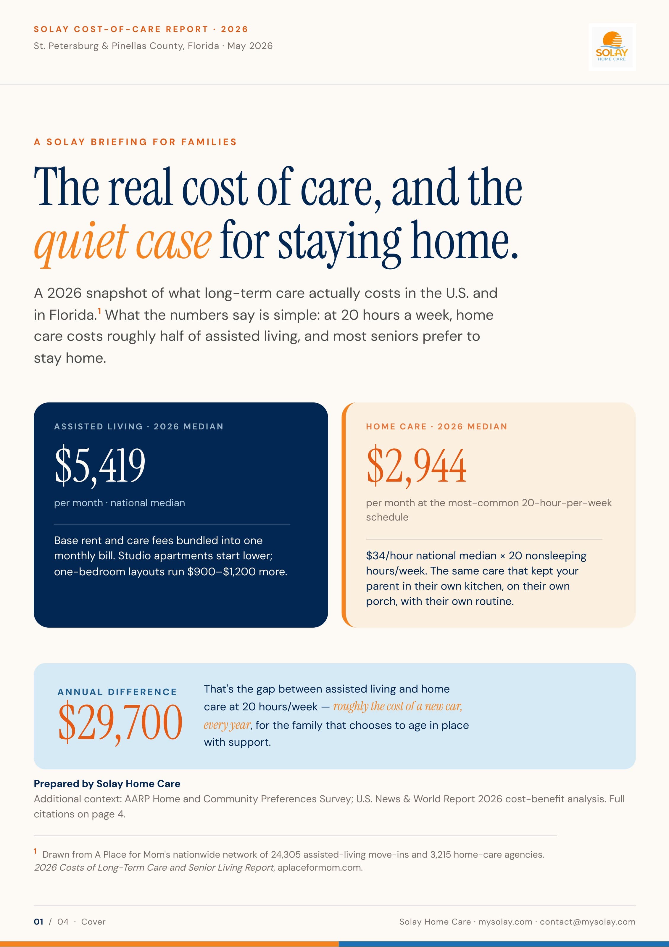 Senior woman talking with a family member at a kitchen table while reviewing a cost-of-care report