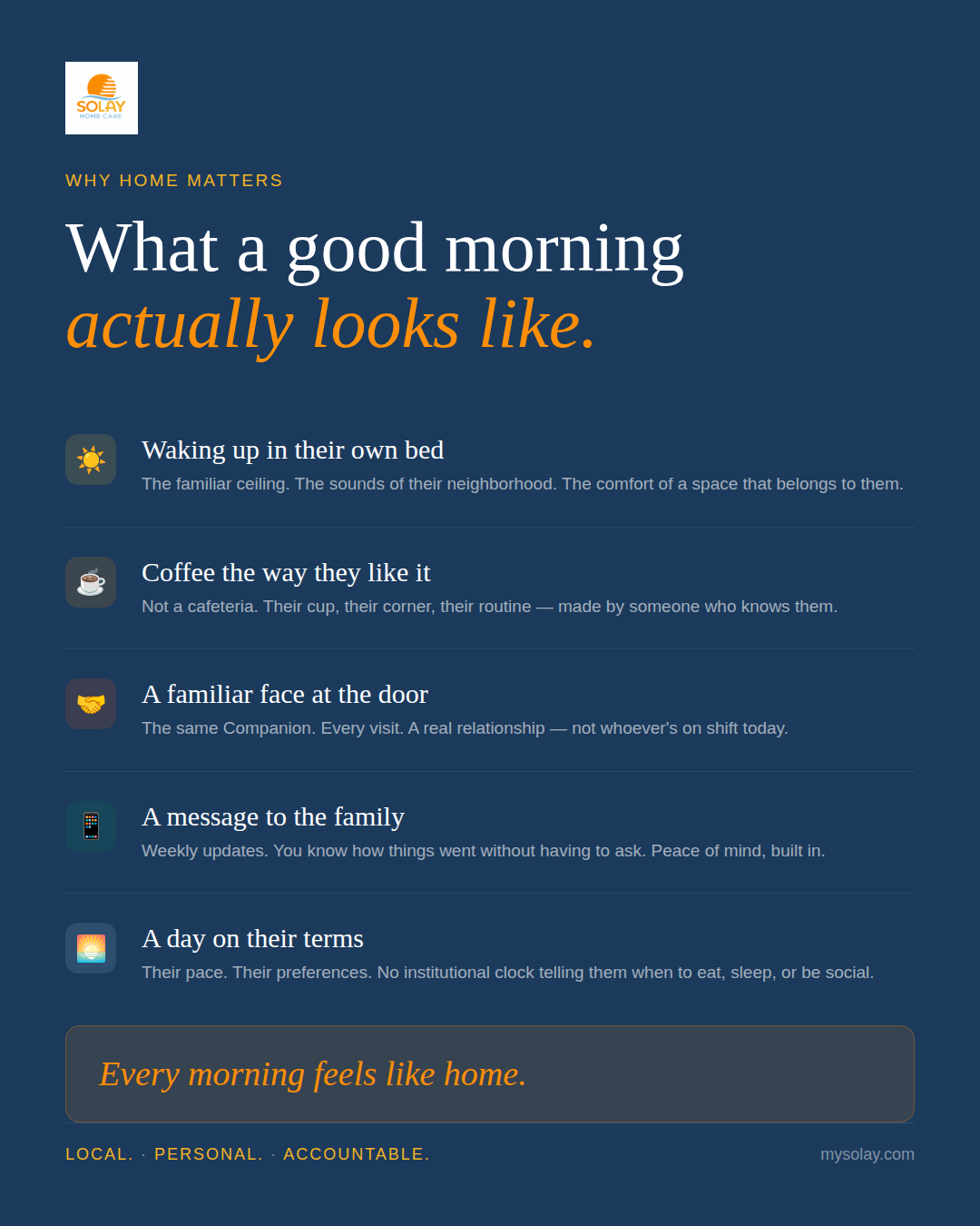 An older adult enjoying a quiet morning at home with a cup of coffee and a caregiver nearby